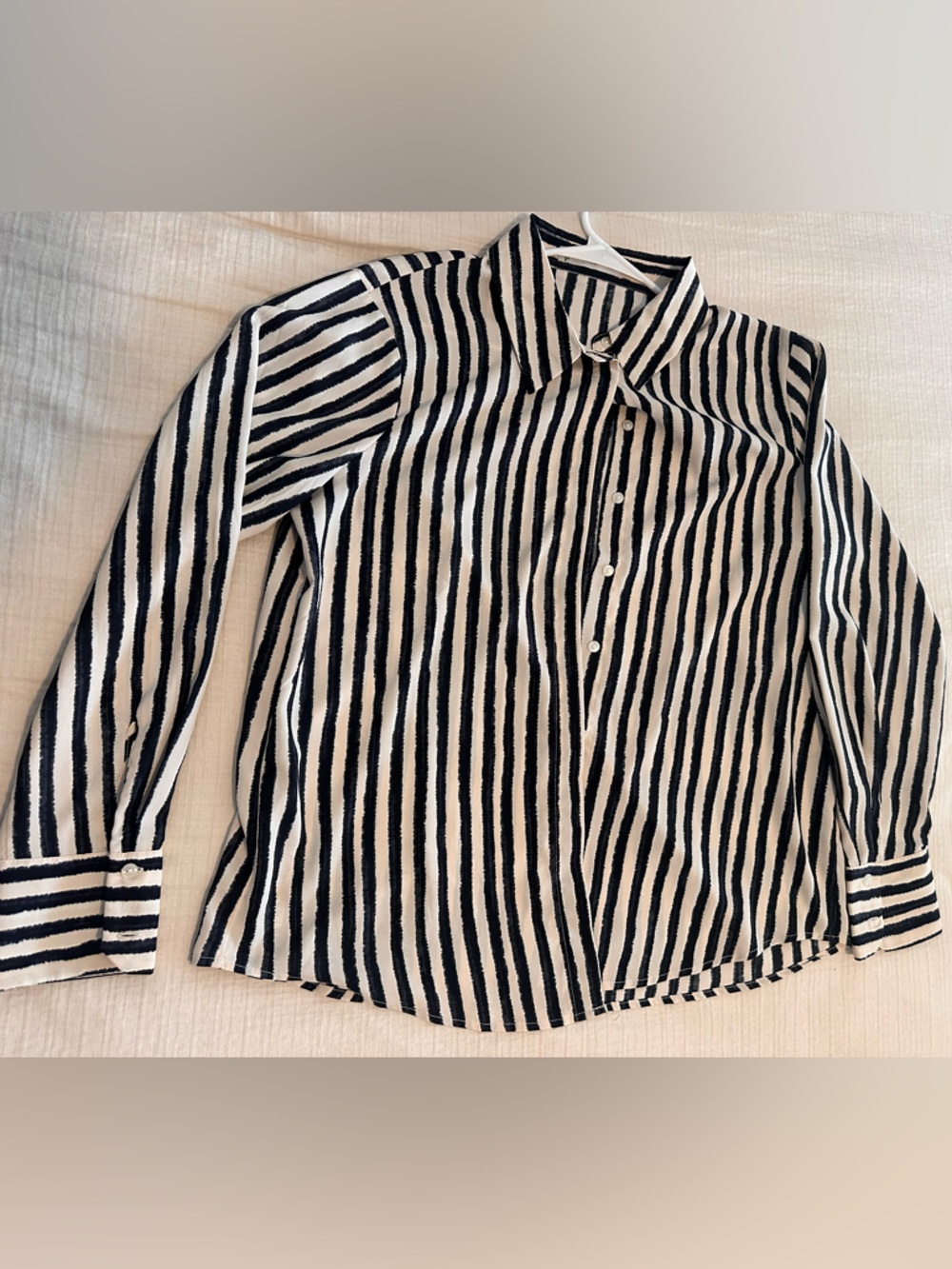 Mango Navy and White Vertical Stripe Blouse